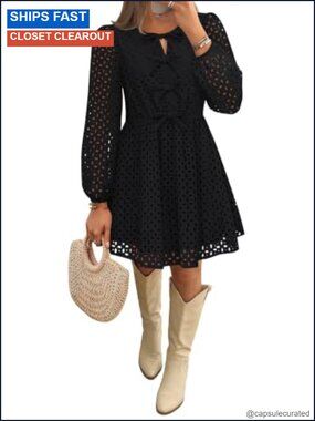 Hollow Out Long Sleeve Tie Front Mini Dress Loose Fit